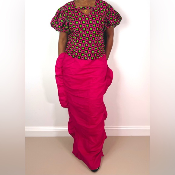 African Print Ankara Multicolor Statement Sleeve Cutout Top and Maxi Skirt Set - Picture 5 of 9